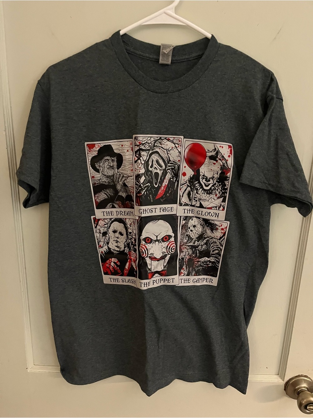 Unisex Gildan Gray Short-Sleeve Horror Characters Graphic Tee with Red Accents